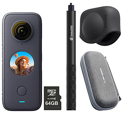 Insta360 El Kit de cámara de acción One X2 de 360 Grados Incluye Tarjeta Micro SDHC de 64 GB + Funda + Palo Invisible para Selfie + Tapa de Lente