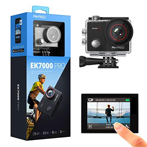 AKASO Caméra Sport 4K WiFi Caméra d'action Sportive avec Ecran LCD Tactile Ultra HD Stabilisateur Télécommande 2.4G Angle Réglable 40M Etanche sous Marine Kits d'Accessoires 2 Batteries [DVD]