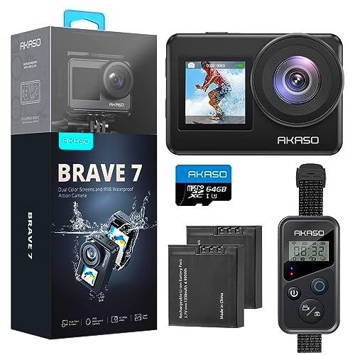 AKASO Brave 7 Cámara Deportiva 4K con Tarjeta de Memoria microSDXC de 64GB Cámara de Acción 20MP WiFi Camara Acuatica Sumergible con Doble Pantalla EIS Control Remoto Control de Voz 2x1350mAh Baterías