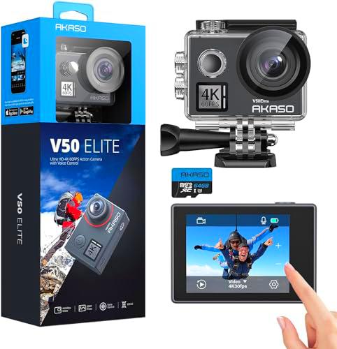 AKASO V50 Elite Cámara Deportiva con Tarjeta de Memoria MicroSDXC de 64GB Cámara de Acción WiFi 4K 60fps 20MP con EIS Pantalla Táctil Control de Voz 8X Zoom Cámara Acuatica Sumergible 40M 2 Baterías