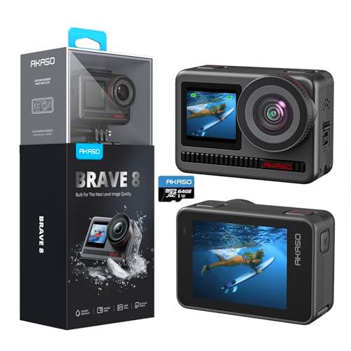 AKASO Brave 8 Cámara Deportiva 4K 60FPS WiFi con Tarjeta de Memoria MicroSDXC de 64GB Cámara de Acción 48MP Cámara Acuatica Sumergible con Pantalla Táctil 2 * 1550mAh Baterías Multi Accesorios