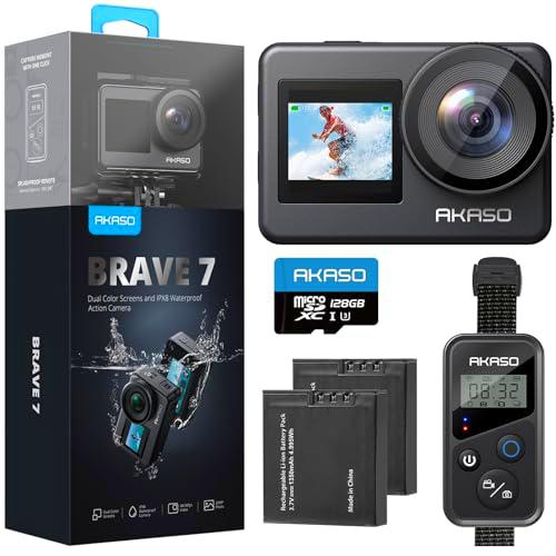 AKASO Brave 7 Cámara Deportiva 4K con Tarjeta de Memoria microSDXC de 128GB Cámara de Acción 20MP WiFi Camara Acuatica Sumergible Doble Pantalla EIS Control Remoto Control de Voz 2x1350mAh Baterías