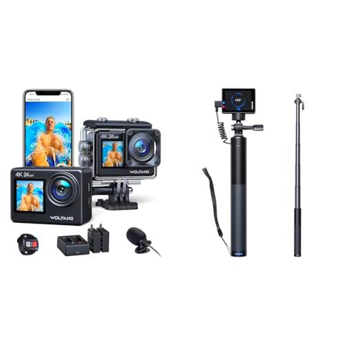 WOLFANG Cámara Deportiva GA200 4K30FPS &amp; Juego de Selfie Stick Recargable