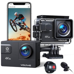 WOLFANG Cámara Deportiva 4K 60FPS 24MP, GA300 Pantalla Táctil Videocámara 8xZoom,40M Cámara Acuática con Micrófono Dual