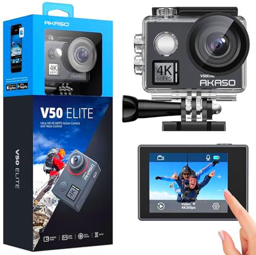 AKASO V50 Elite Cámara Deportiva WiFi 4K 60fps 20MP Cámara de Acción con EIS Pantalla Táctil Cámara Acuatica Sumergible 40M con Control de Voz 8X Zoom Control Remoto 2 Baterías Multi Accesorios