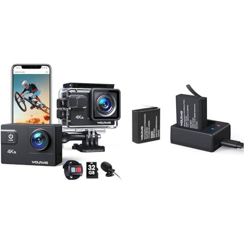 WOLFANG Action CAM GA300 4K60FPS con 32GB &amp; Set Cargador de Batería